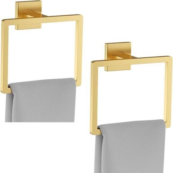 Bathroom towel ring set 2 piece wall mounted brushed gold square hand towel hold - Picture 8 of 8